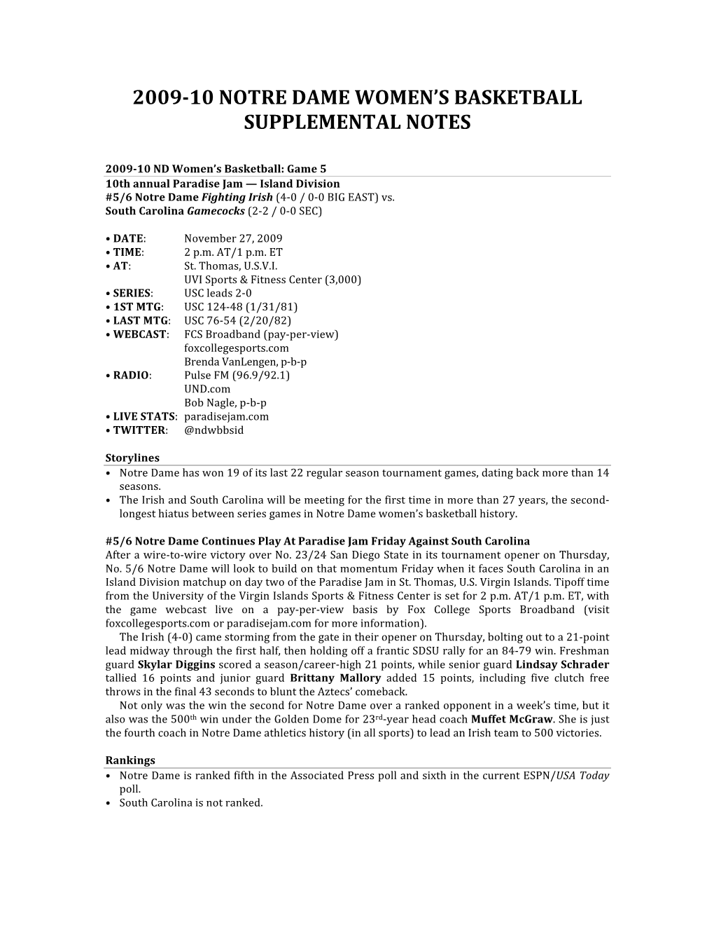 200910 Notre Dame Women's Basketball Supplemental Notes