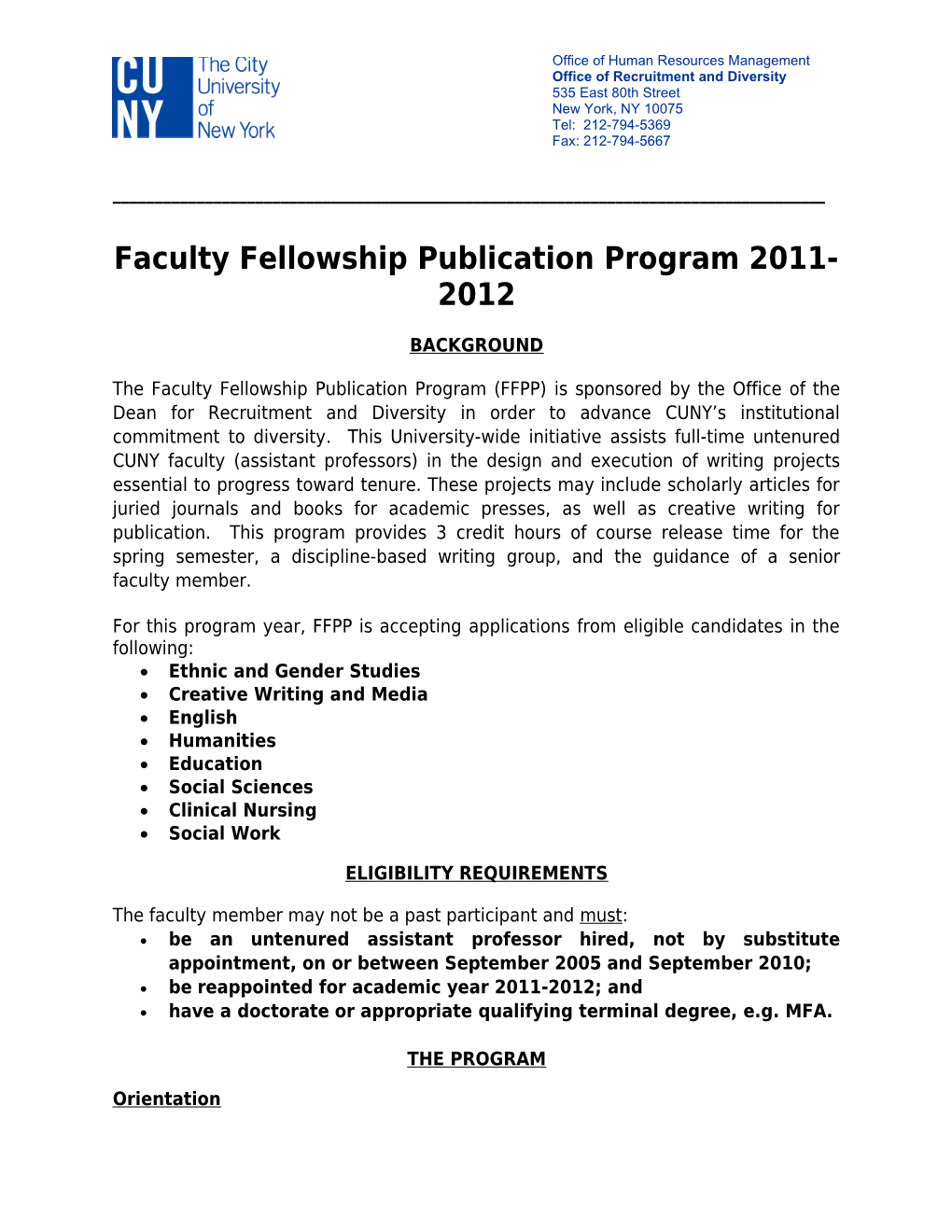 Faculty Fellowship Publication Program 2011-2012