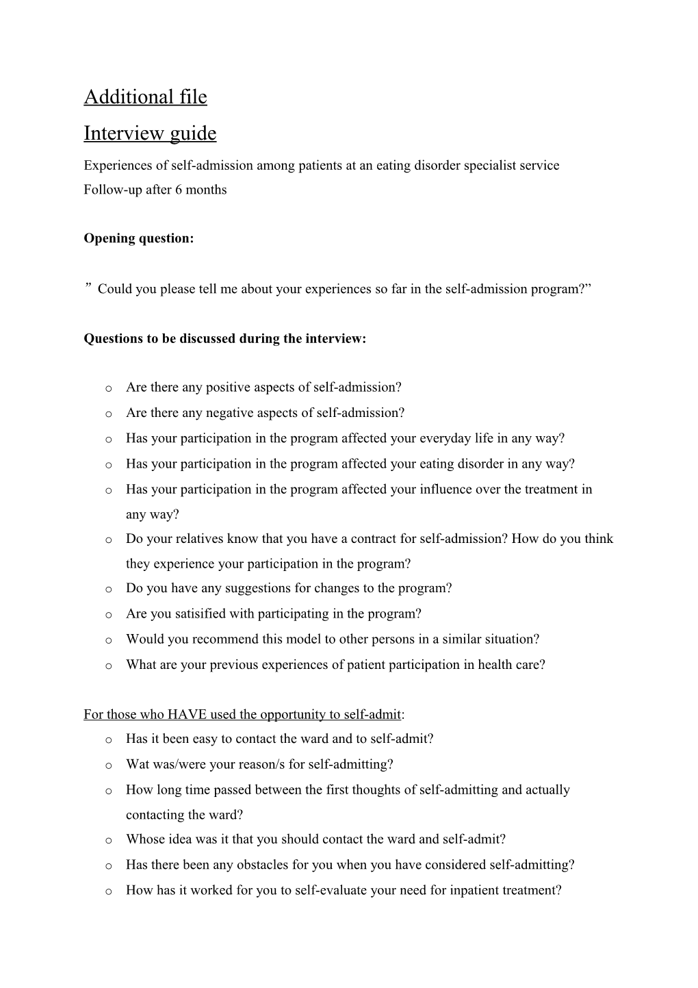 Experiences of Self-Admission Among Patients at an Eating Disorder Specialist Service