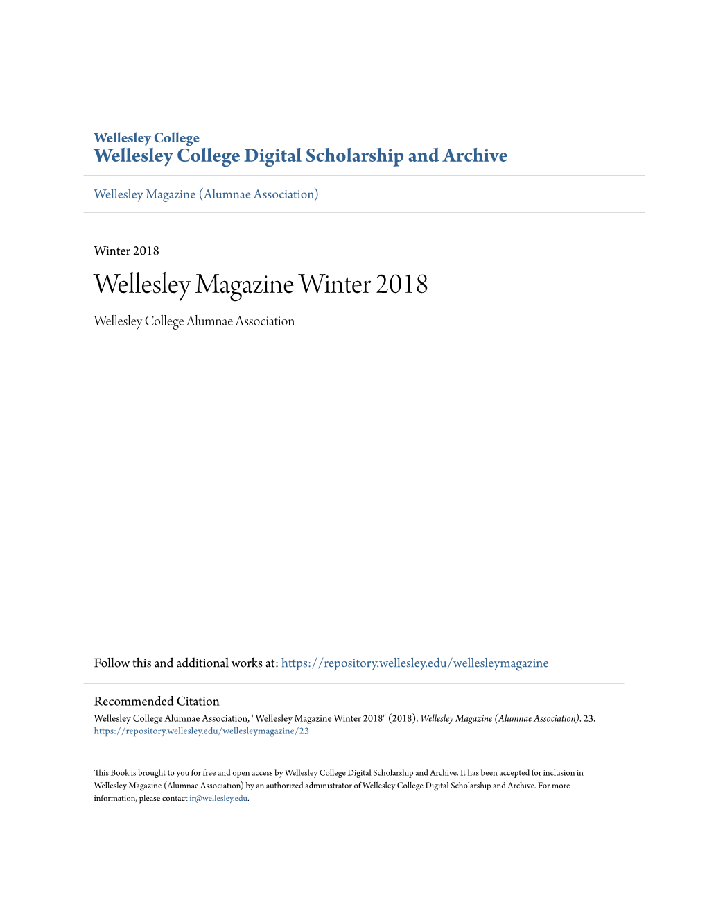Wellesley Magazine Winter 2018 Wellesley College Alumnae Association