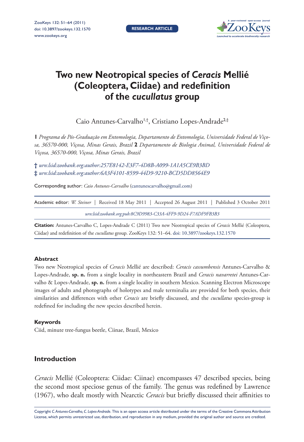 Two New Neotropical Species of Ceracis Mellié (Coleoptera, Ciidae) and Redefinition of the Cucullatus Group