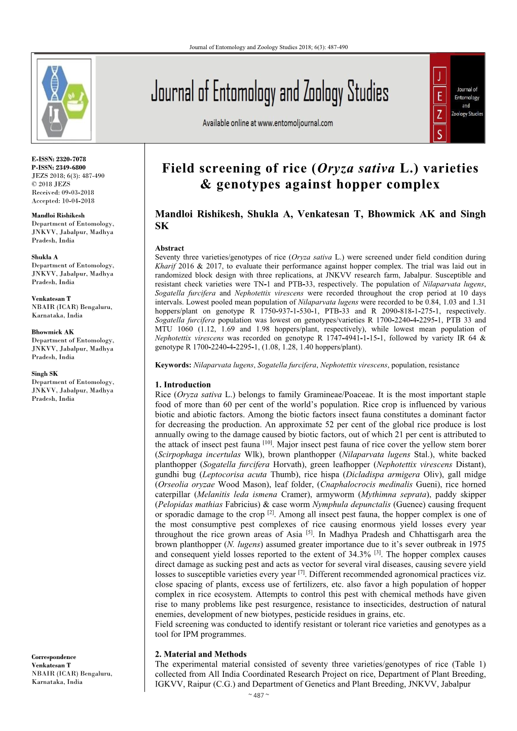 Field Screening of Rice (Oryza Sativa L.) Varieties & Genotypes Against