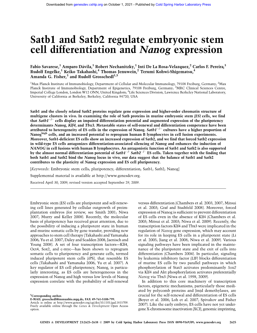 Satb1 and Satb2 Regulate Embryonic Stem Cell Differentiation and Nanog Expression