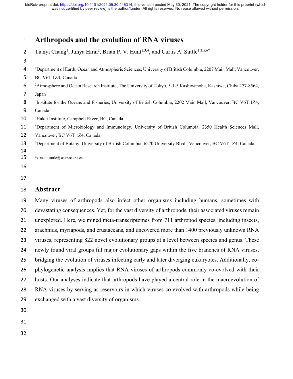 Arthropods and the Evolution of RNA Viruses 2 Tianyi Chang1, Junya Hirai2, Brian P