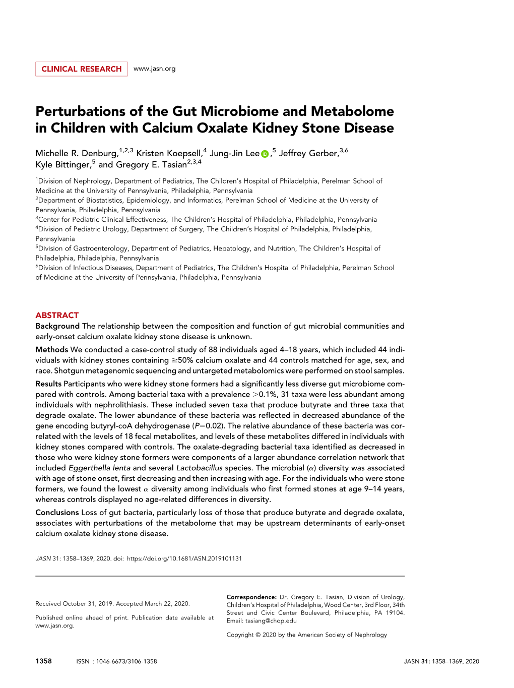 Perturbations of the Gut Microbiome and Metabolome in Children with Calcium Oxalate Kidney Stone Disease