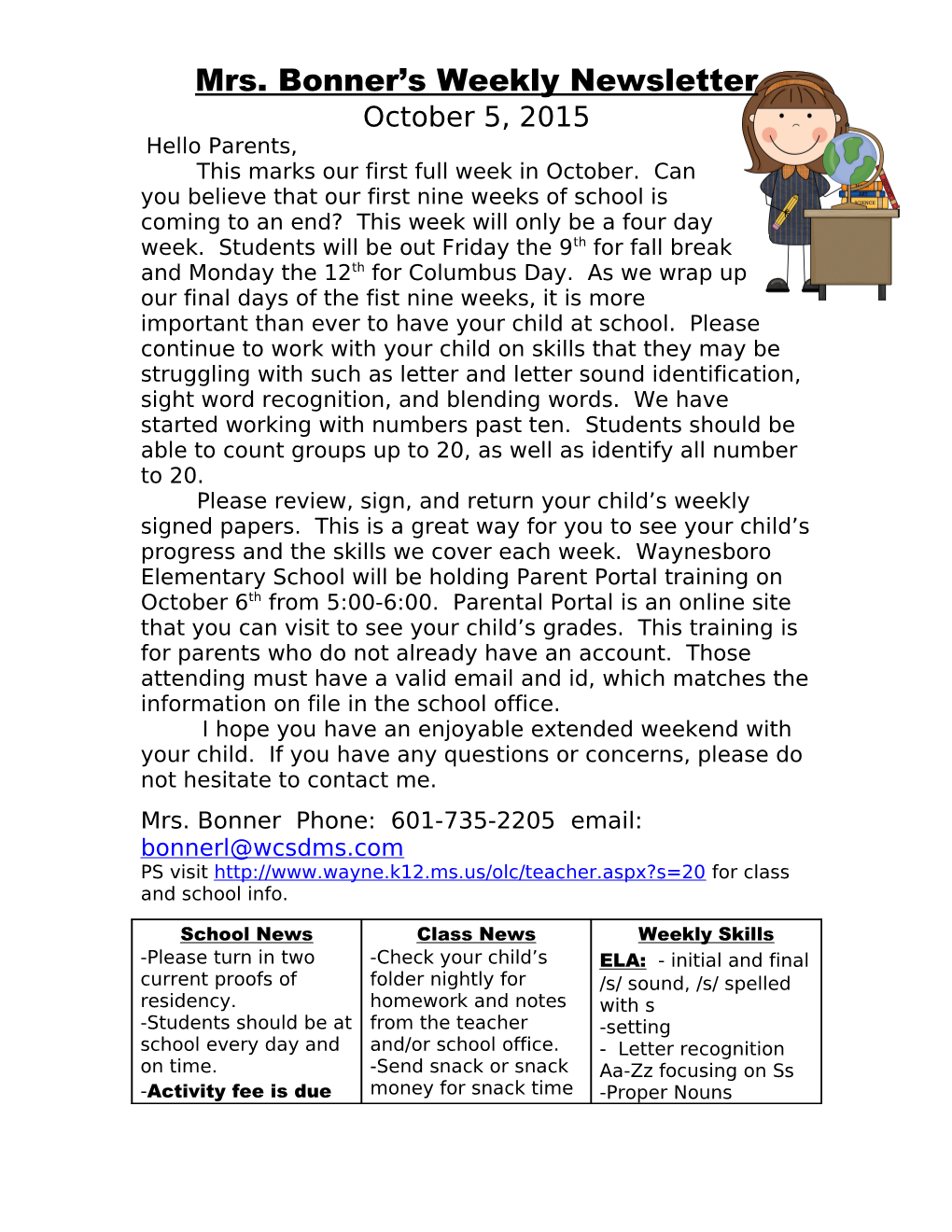 Mrs. Bonner S Weekly Newsletter