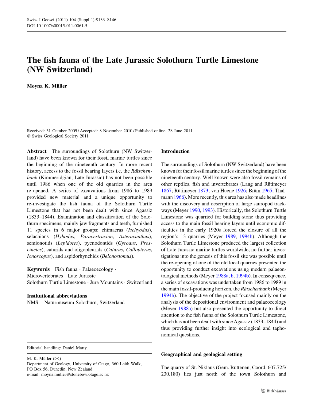 The Fish Fauna of the Late Jurassic Solothurn Turtle Limestone (NW