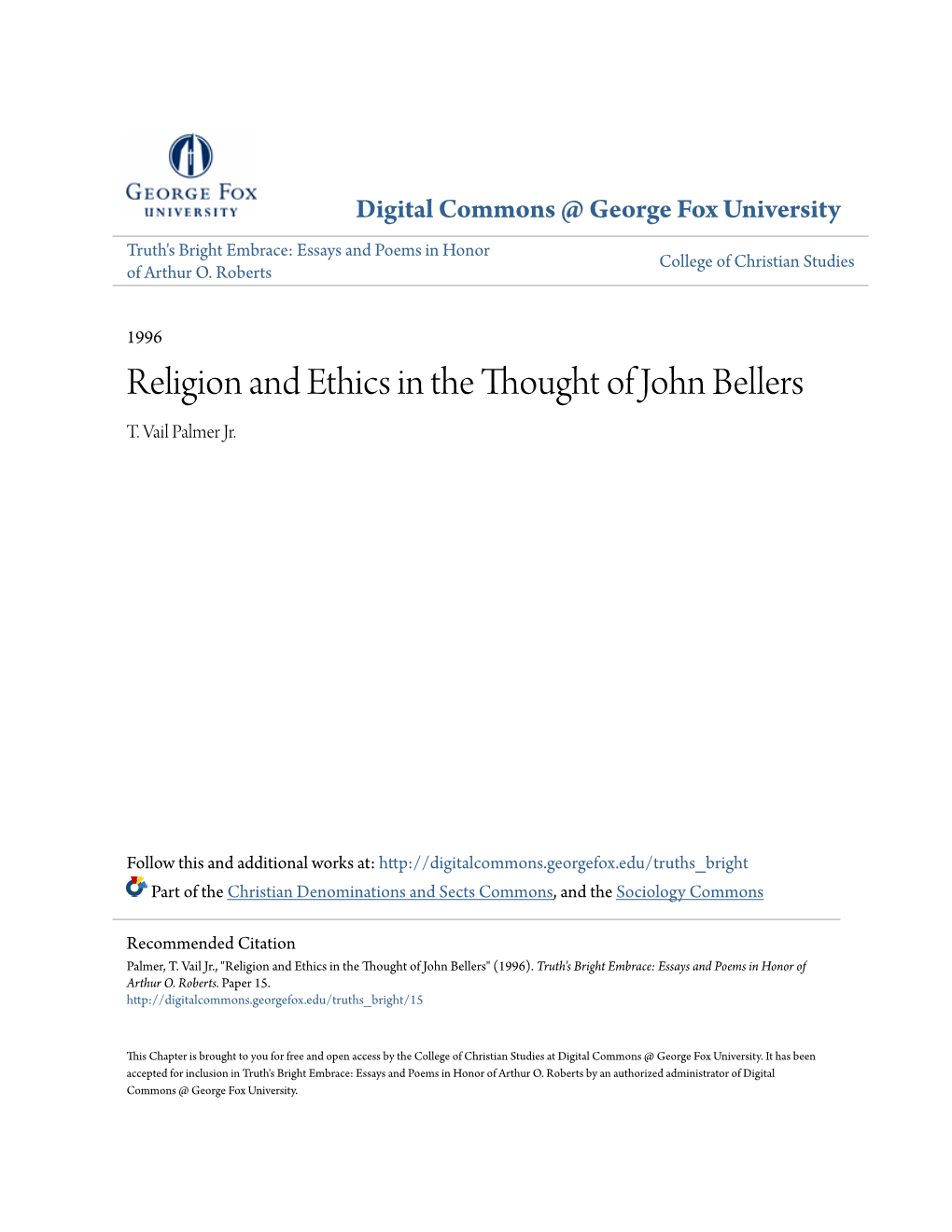 Religion and Ethics in the Thought of John Bellers T