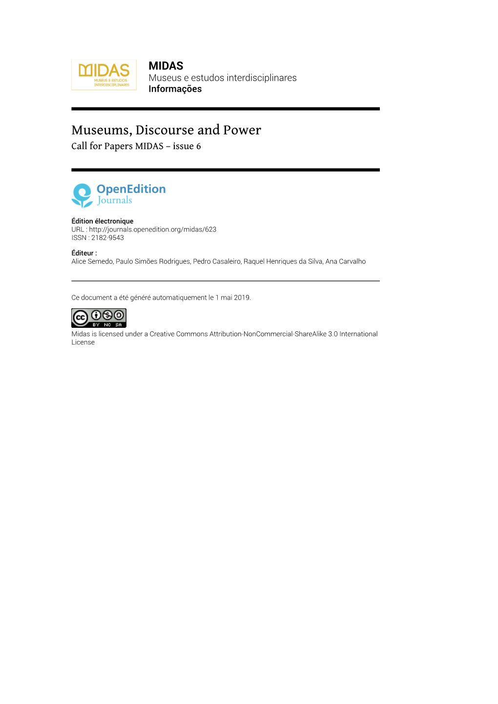 Museums, Discourse and Power Call for Papers MIDAS – Issue 6