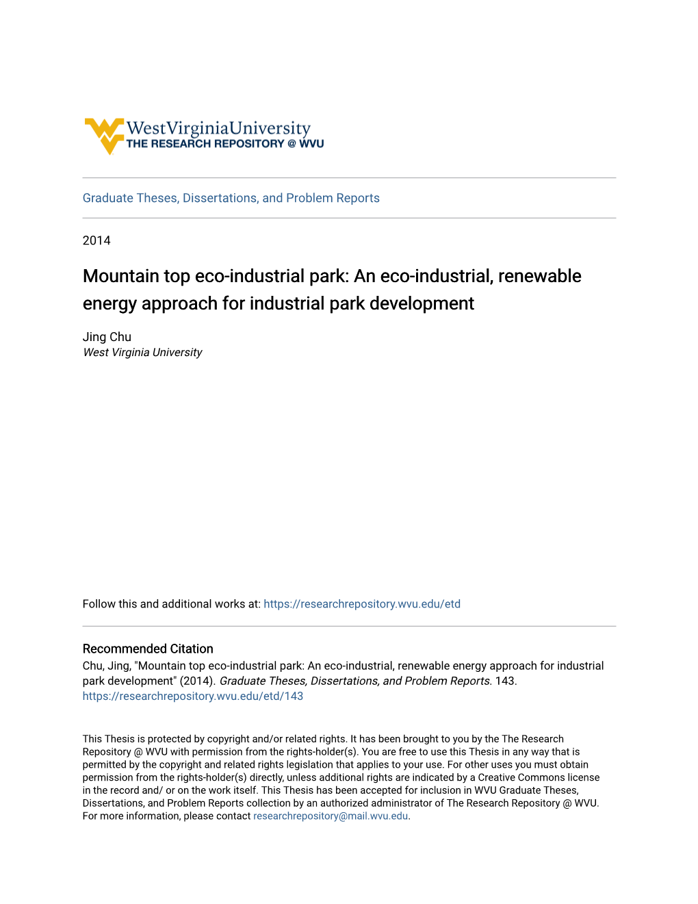 Mountain Top Eco-Industrial Park: an Eco-Industrial, Renewable Energy Approach for Industrial Park Development