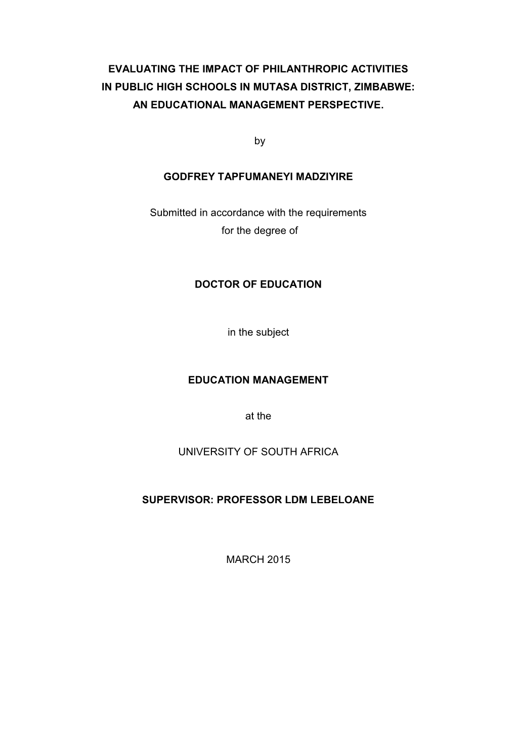 Evaluating the Impact of Philanthropic Activities in Public High Schools in Mutasa District, Zimbabwe: an Educational Management Perspective