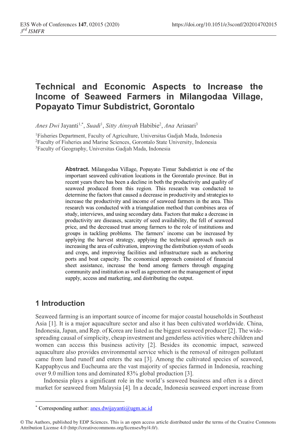 Technical and Economic Aspects to Increase the Income of Seaweed Farmers in Milangodaa Village, Popayato Timur Subdistrict, Gorontalo