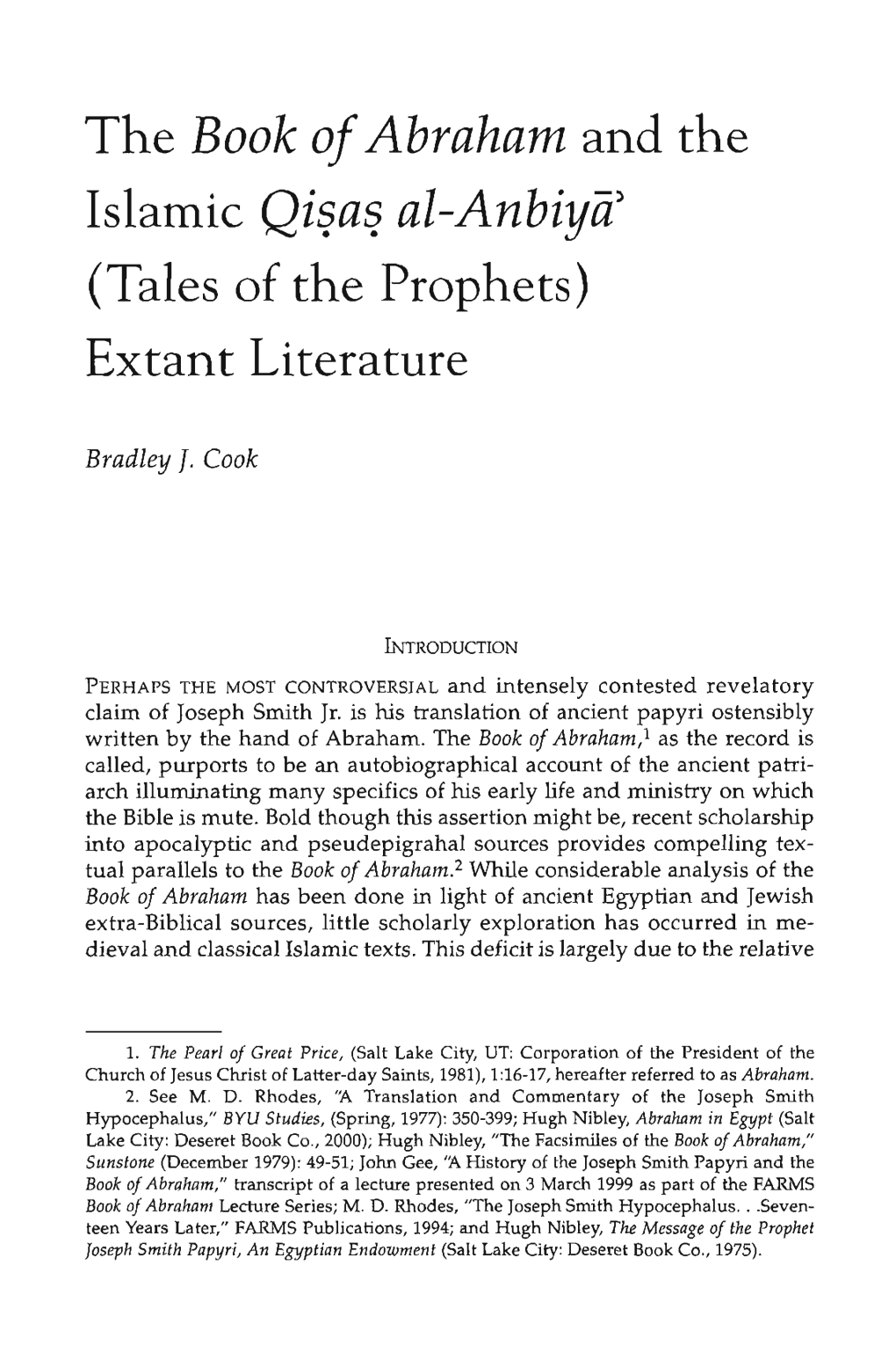 The Book of Abraham and the Islamic Qisas Al-Anbiya" (Tales of the Prophets) Extant Literature