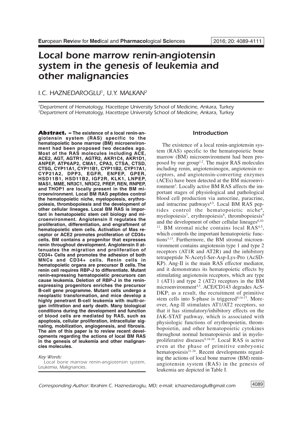 Local Bone Marrow Renin-Angiotensin System in the Genesis of Leukemia and Other Malignancies