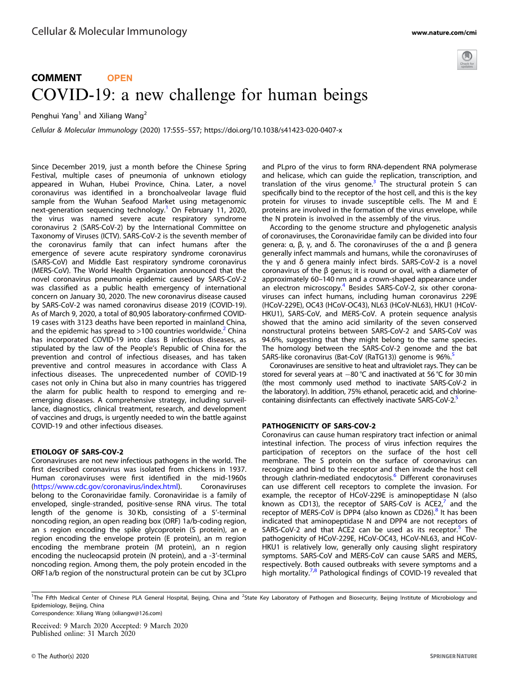 COVID-19: a New Challenge for Human Beings