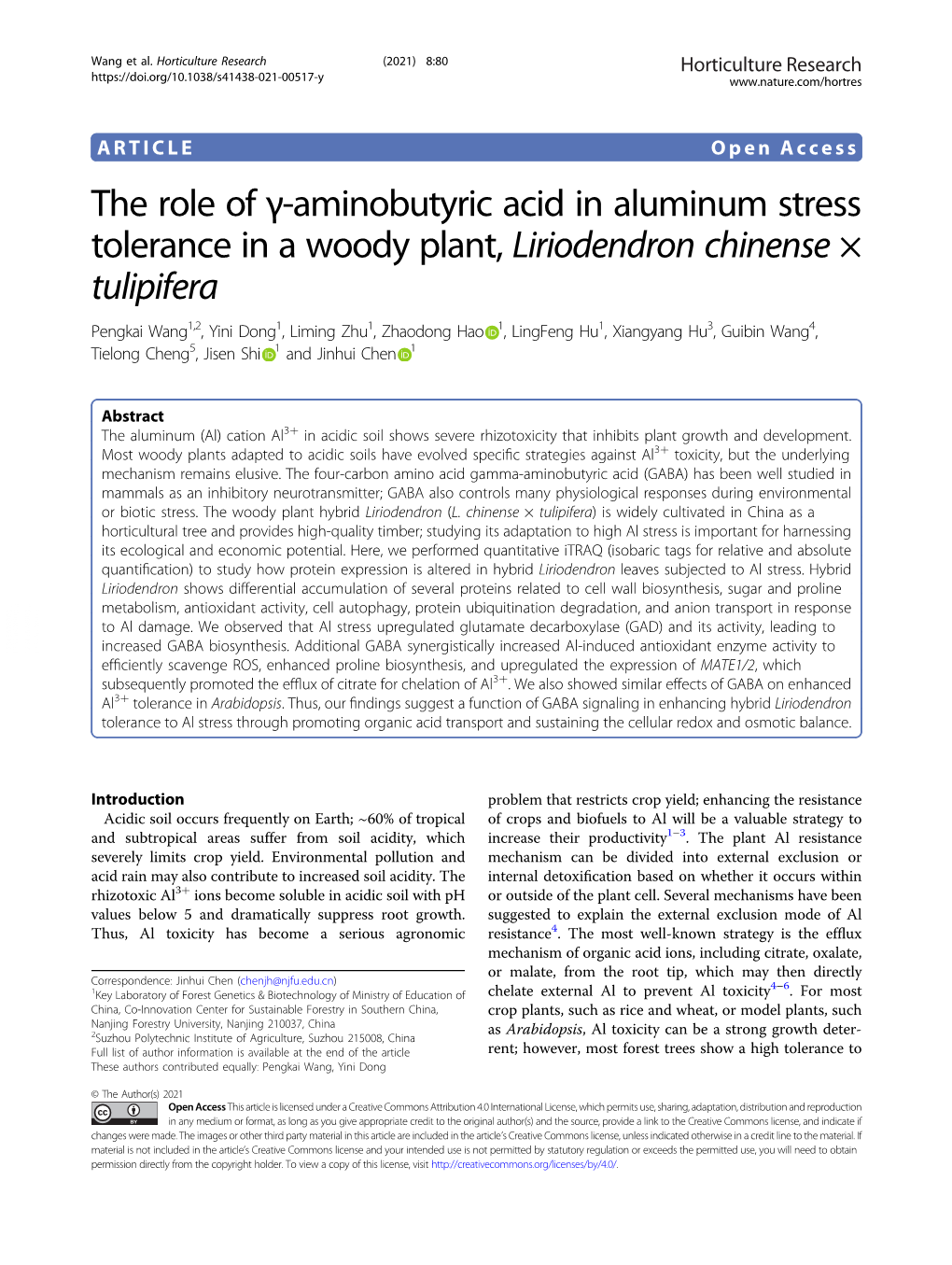 The Role of Γ-Aminobutyric Acid in Aluminum Stress Tolerance in A