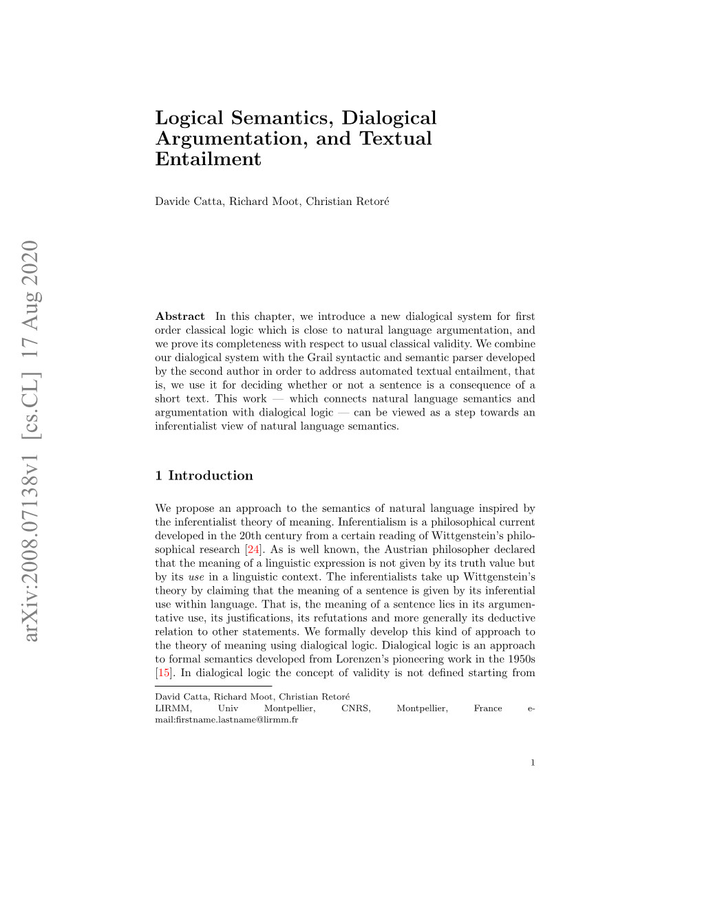 Logical Semantics, Dialogical Argumentation, and Textual Entailment