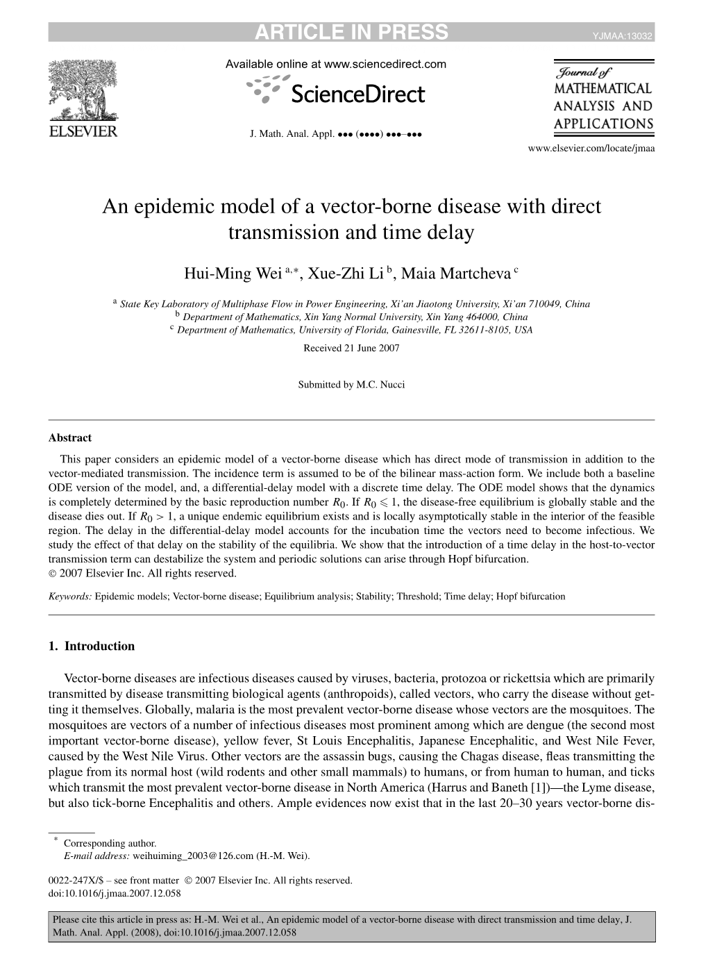 An Epidemic Model of a Vector-Borne Disease with Direct Transmission and Time Delay