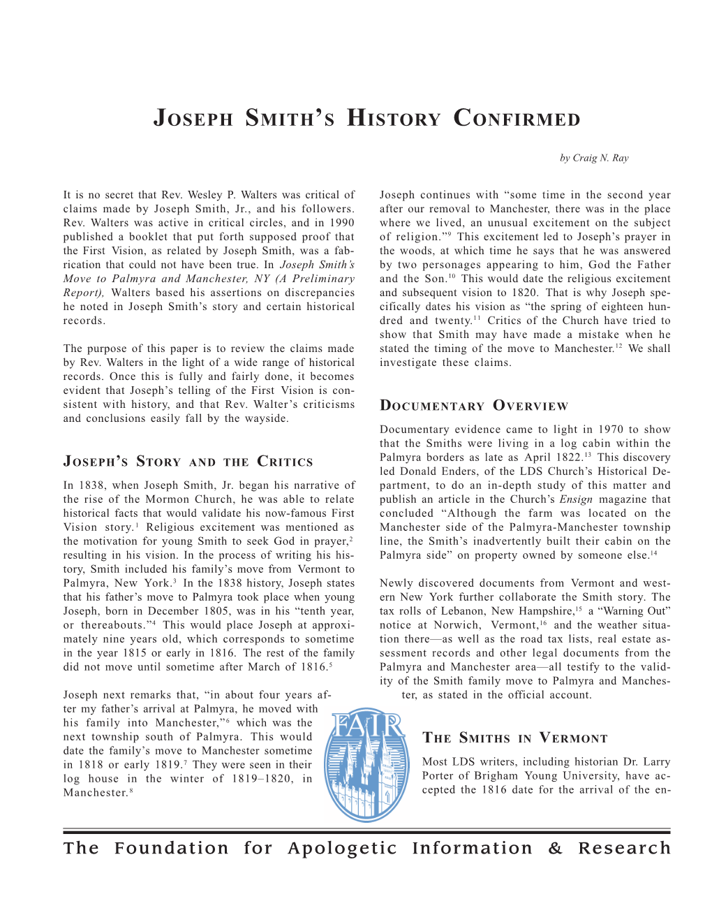 Joseph Smith's History Confirmed