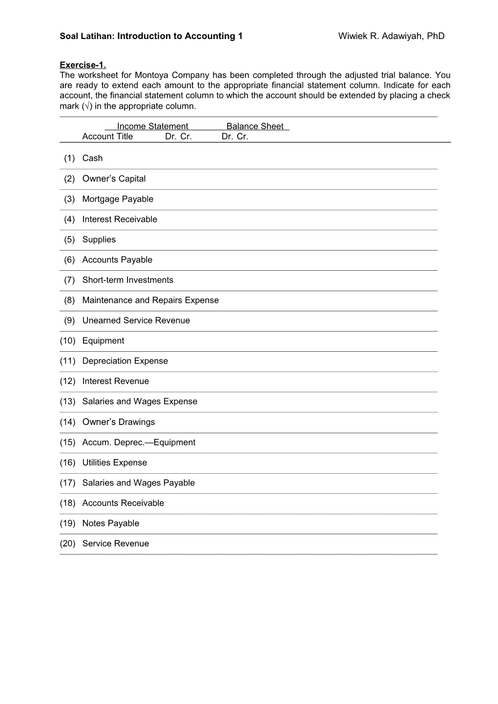 Soal Latihan: Introduction to Accounting 1Wiwiek R. Adawiyah, Phd