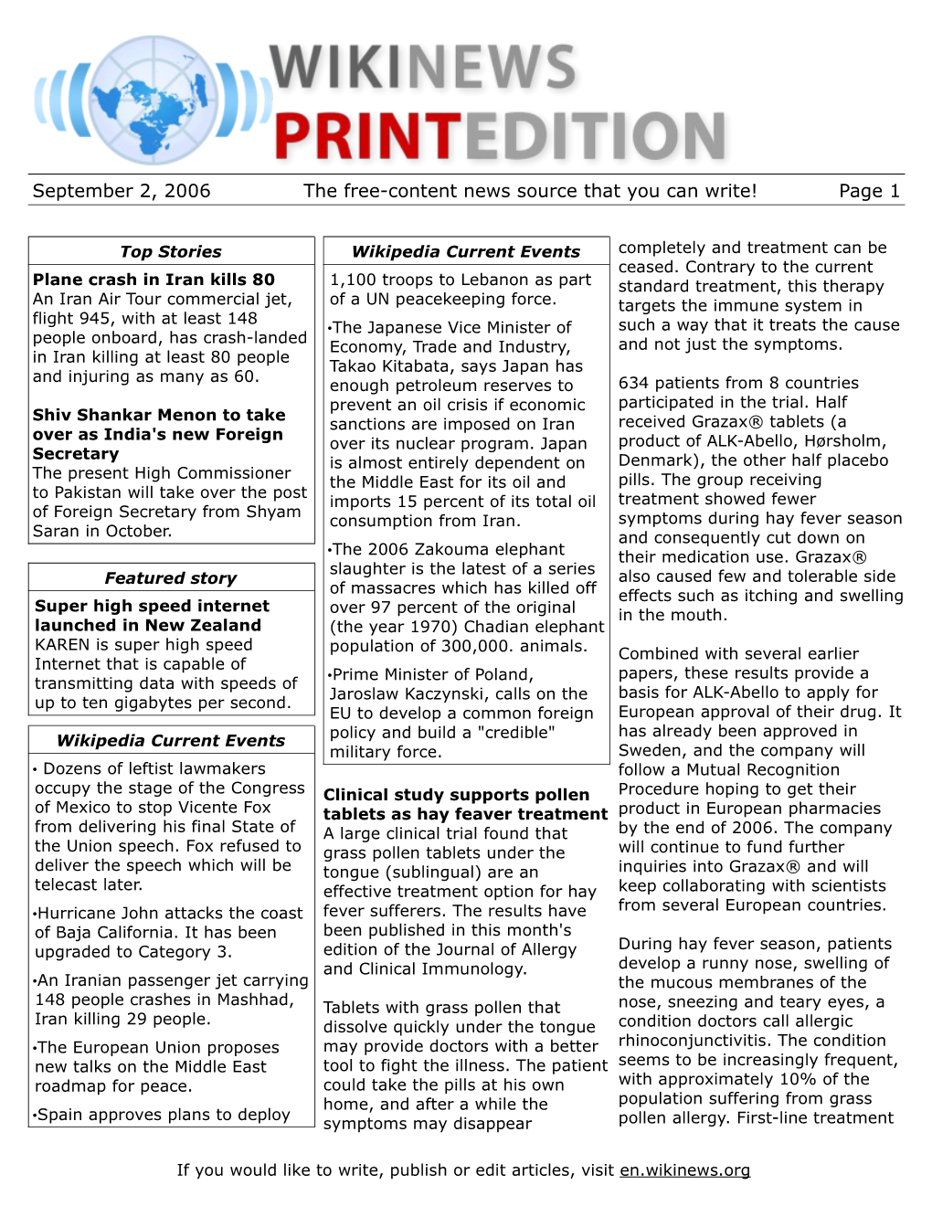 September 2, 2006 the Free-Content News Source That You Can Write! Page 1