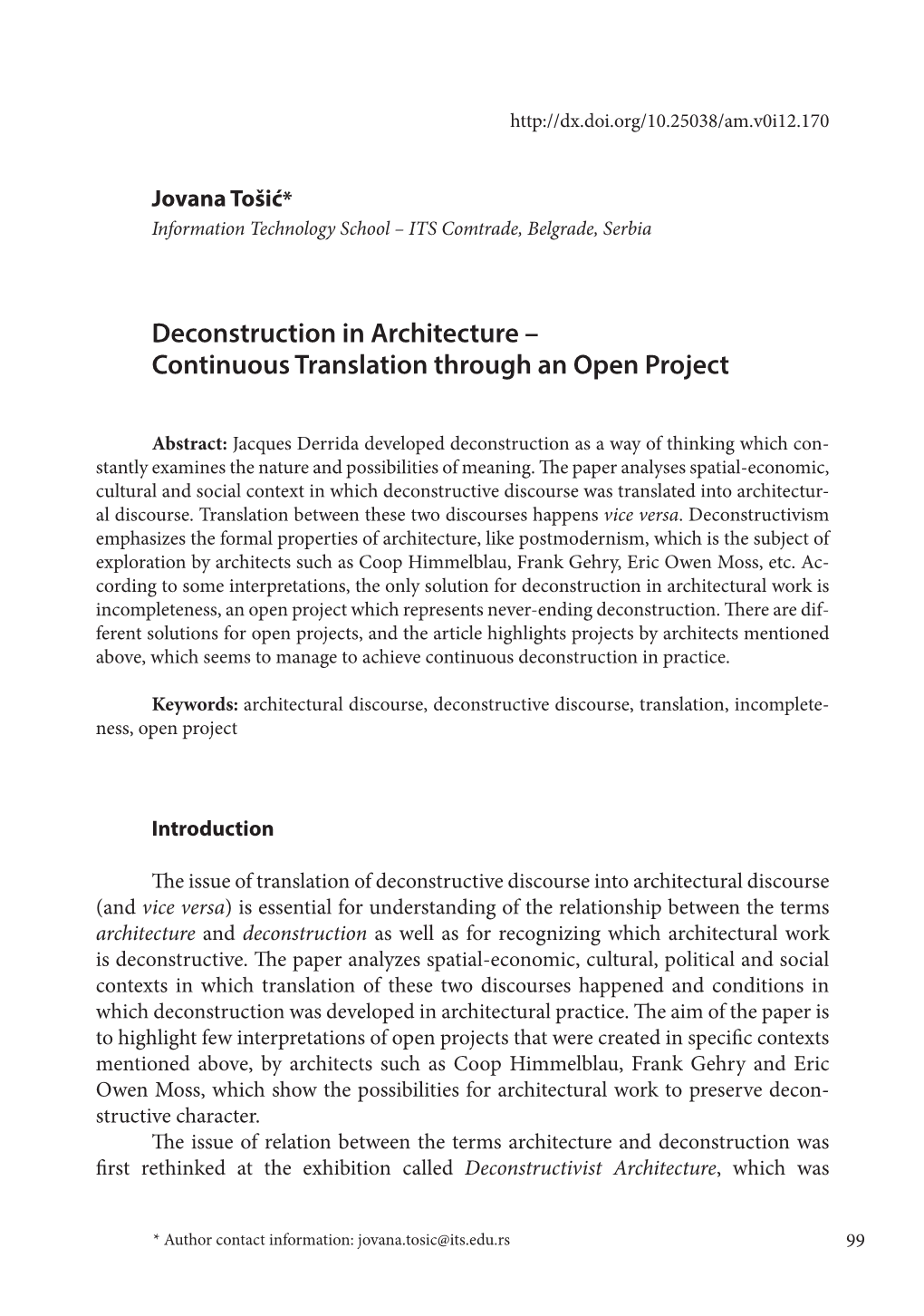 Deconstruction in Architecture – Continuous Translation Through an Open Project