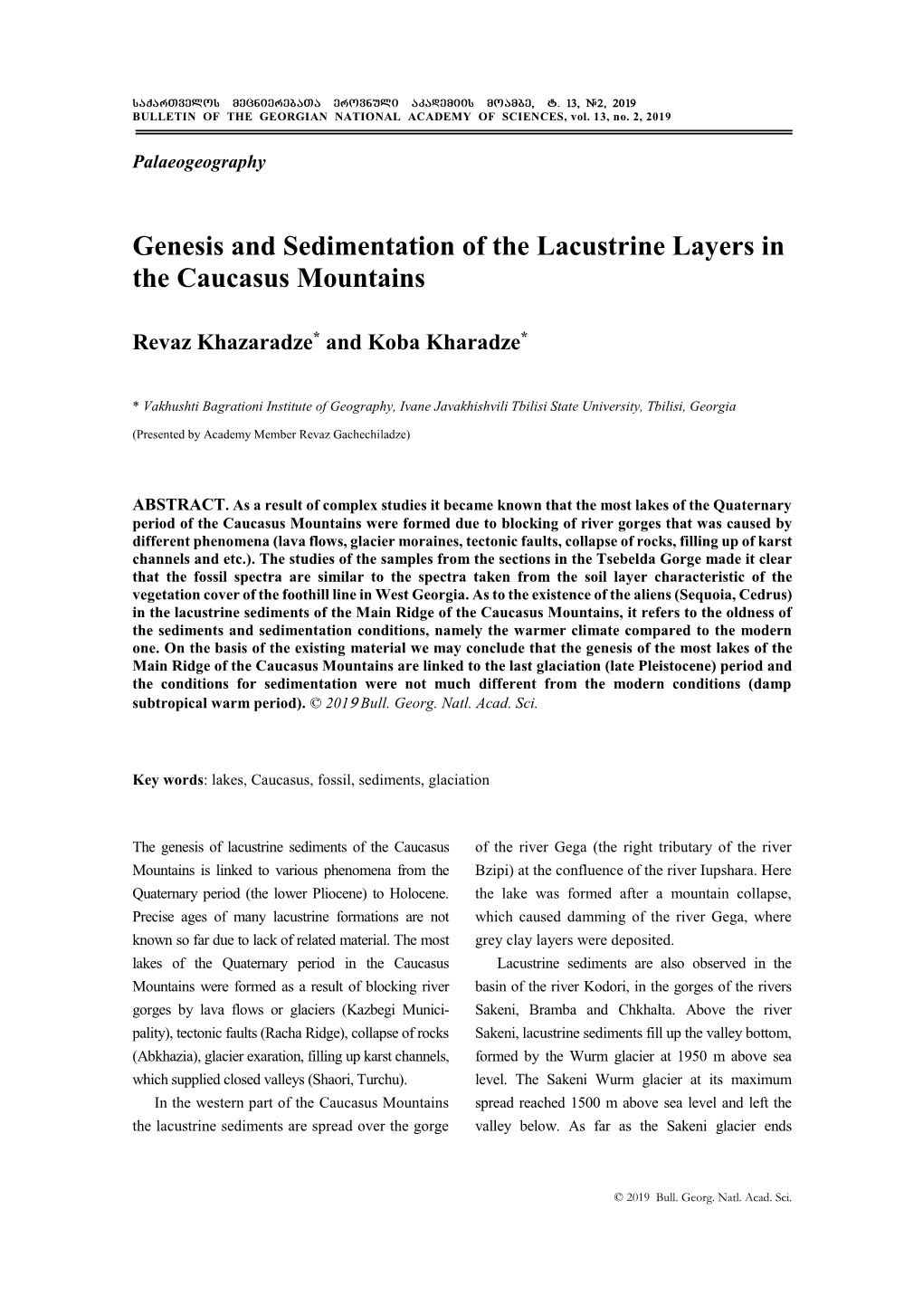 Genesis and Sedimentation of the Lacustrine Layers in the Caucasus Mountains