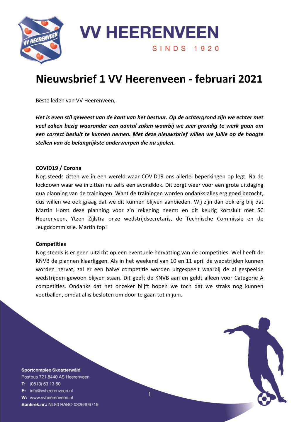 Nieuwsbrief 1 VV Heerenveen - Februari 2021