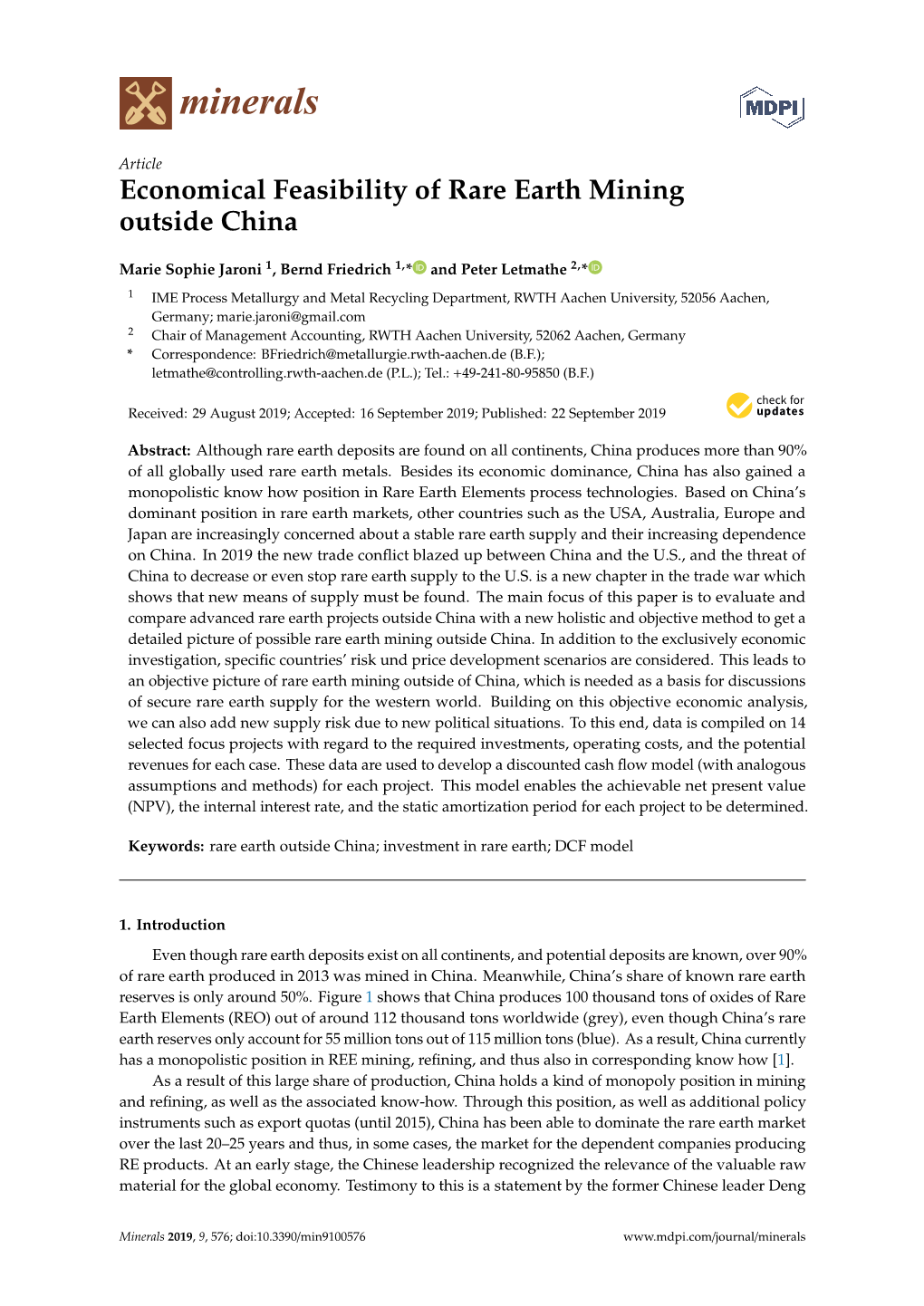 Economical Feasibility of Rare Earth Mining Outside China