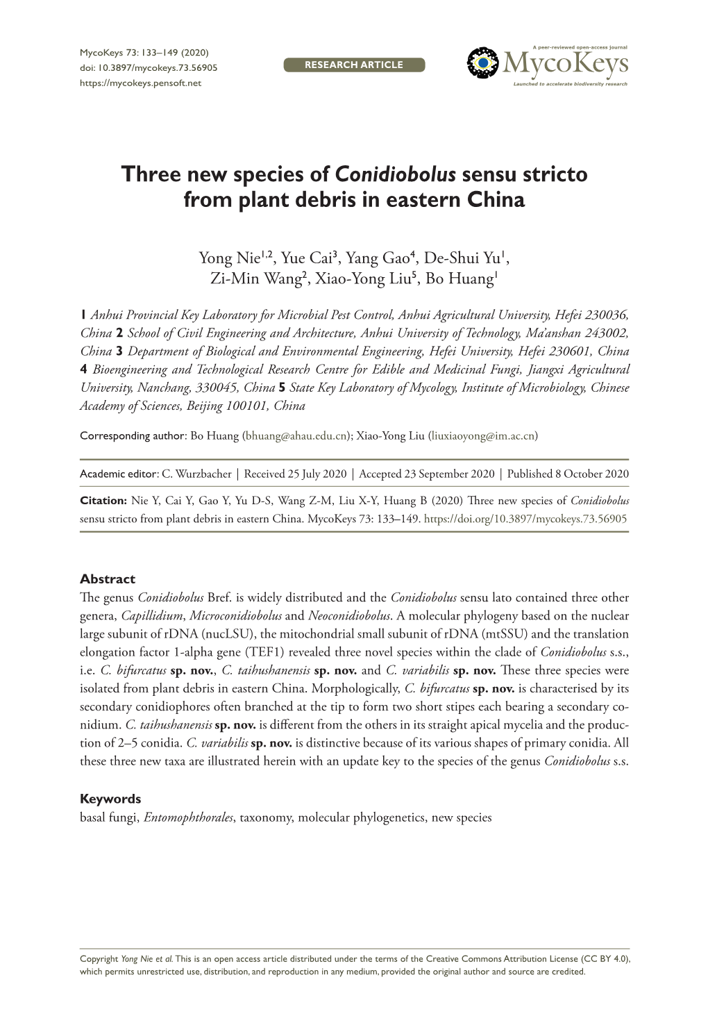 Three New Species of Conidiobolus Sensu Stricto from Plant Debris in Eastern China