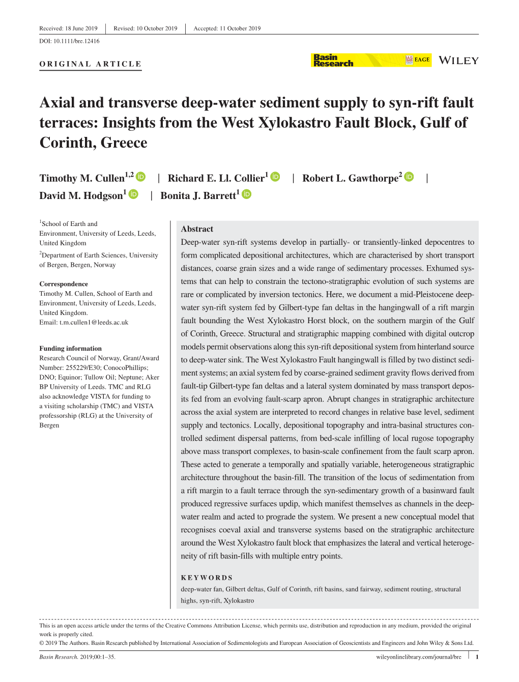 Axial and Transverse Deep‐Water Sediment Supply to Syn‐Rift Fault Terraces: Insights from the West Xylokastro Fault Block, Gulf of Corinth, Greece