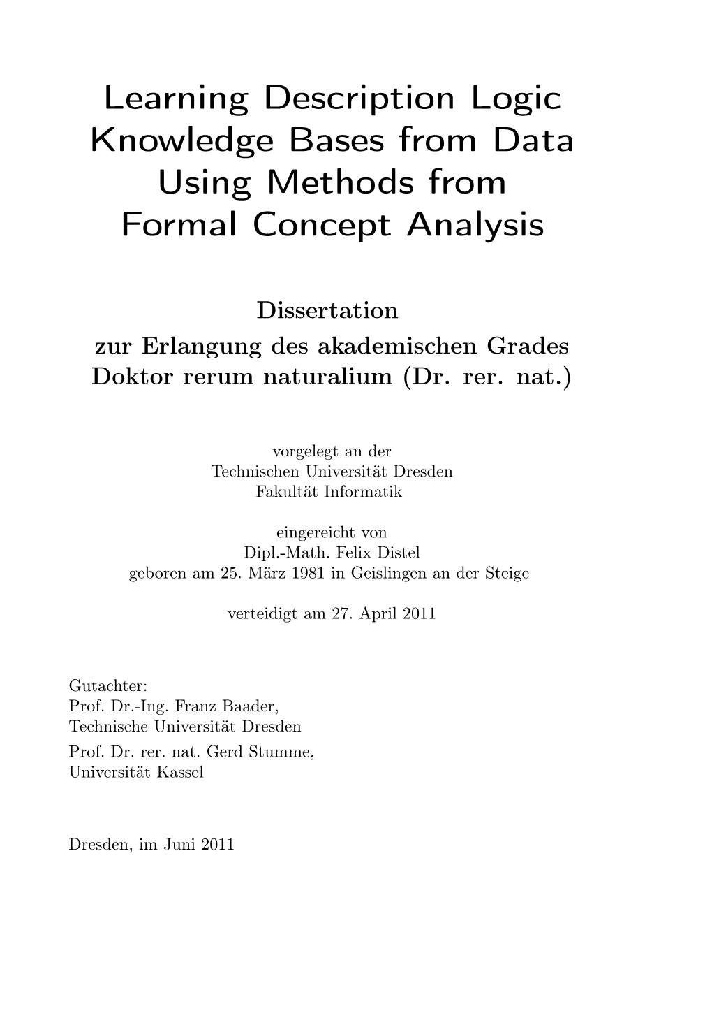 Learning Description Logic Knowledge Bases from Data Using Methods from Formal Concept Analysis