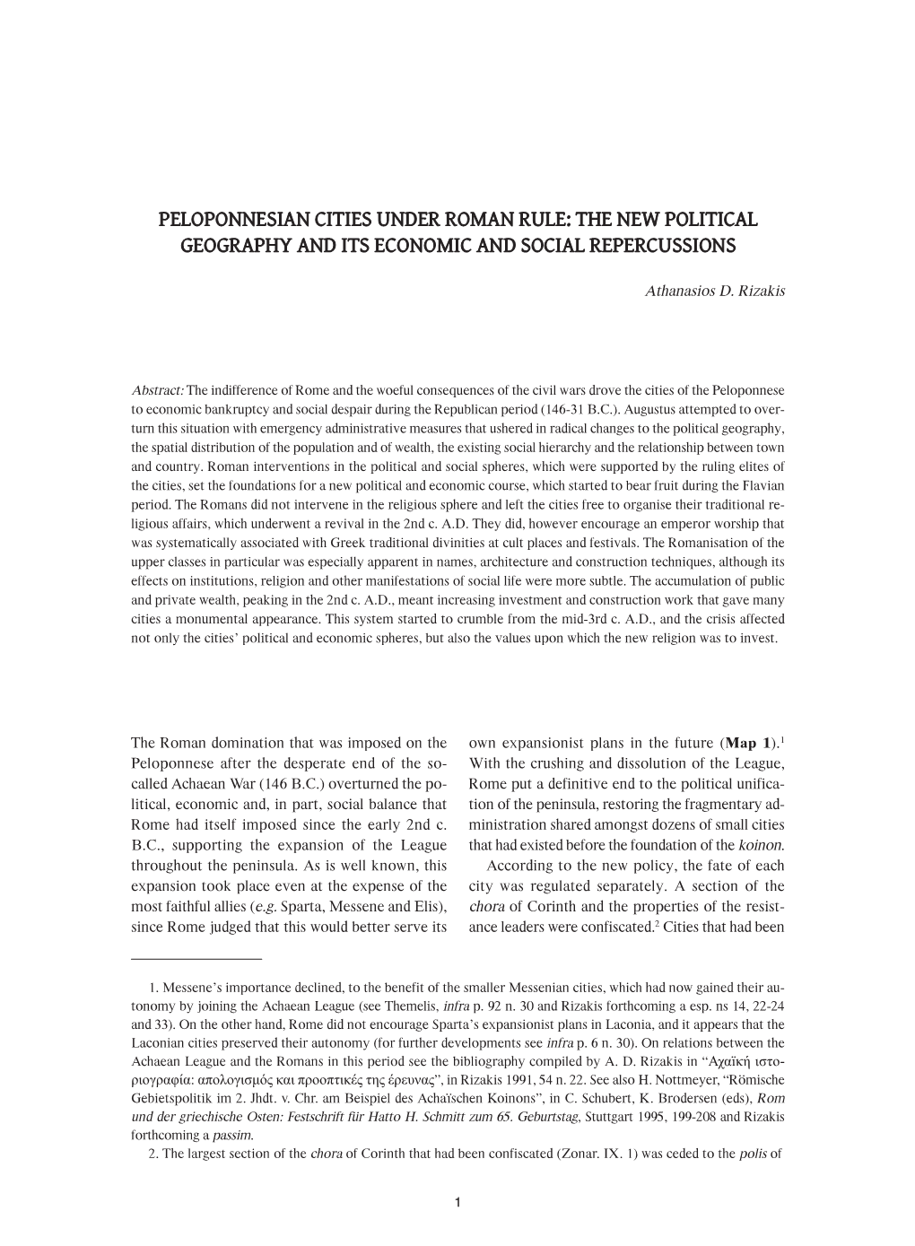 Peloponnesian Cities Under Roman Rule: the New Political Geography and Its Economic and Social Repercussions