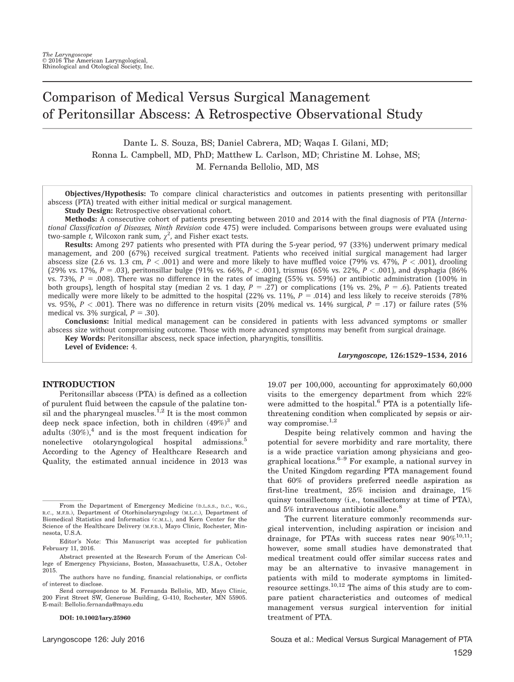 Comparison of Medical Versus Surgical Management of Peritonsillar Abscess: a Retrospective Observational Study