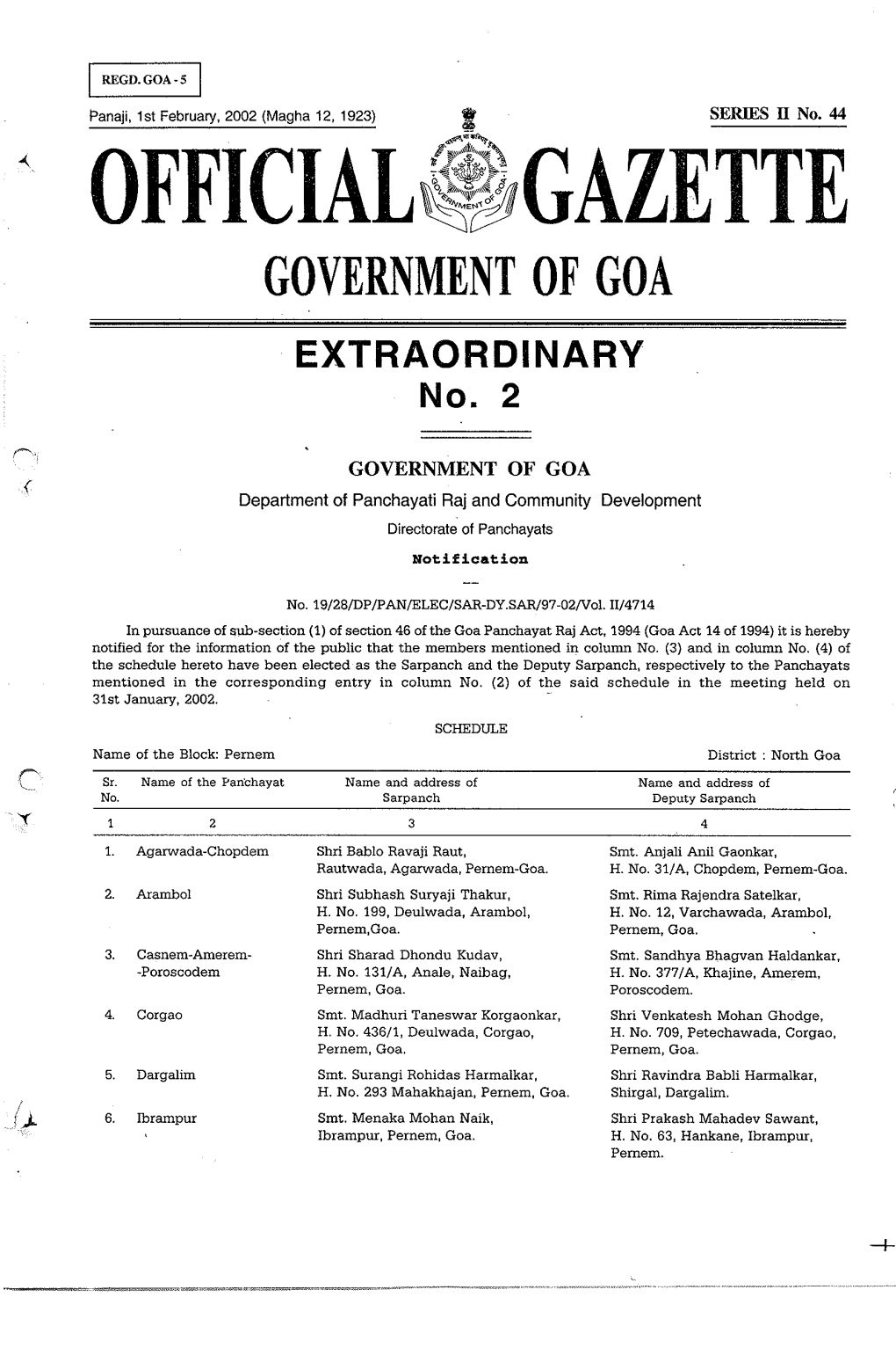 OFFICIAL~#GAZETTE GOVERNMENT of GOA EXTRAORDINARY No.2
