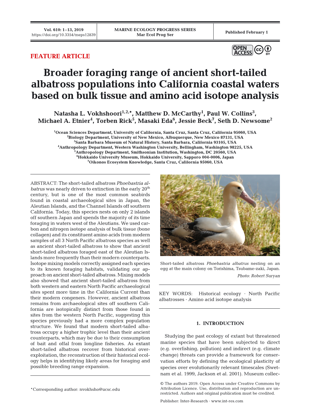 Broader Foraging Range of Ancient Short-Tailed Albatross Populations Into California Coastal Waters Based on Bulk Tissue and Amino Acid Isotope Analysis