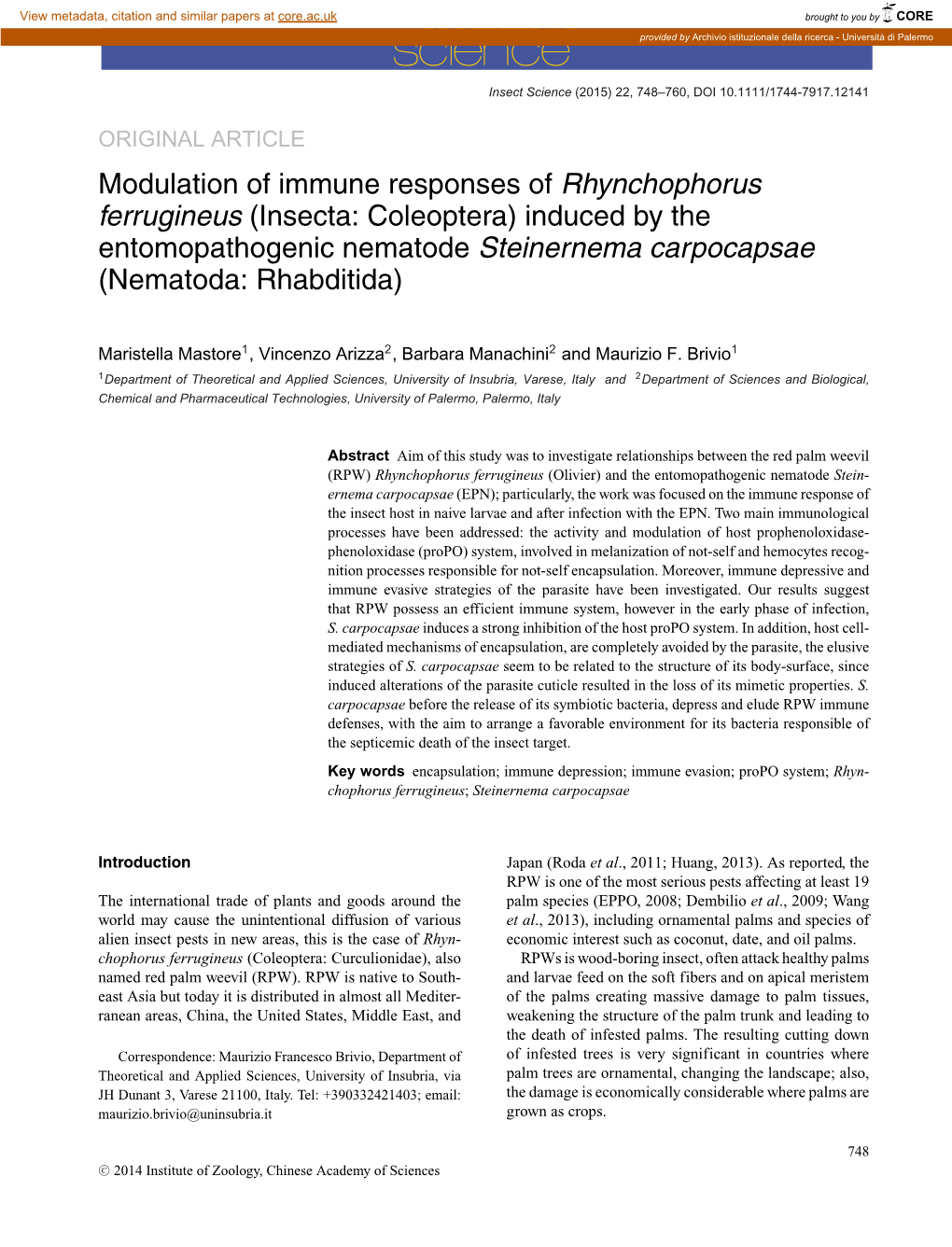 Modulation of Immune Responses of &lt;I&gt;Rhynchophorus&lt;/I&gt;