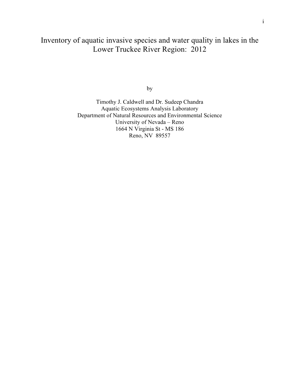 Inventory of Aquatic Invasive Species and Water Quality in Lakes in the Lower Truckee River Region: 2012