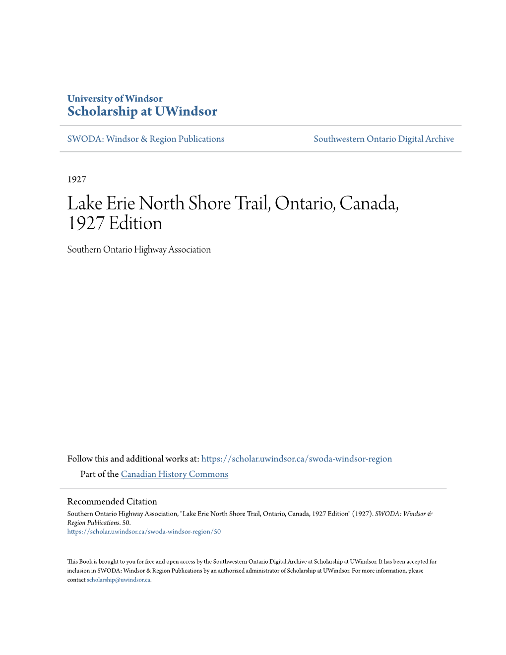 Lake Erie North Shore Trail, Ontario, Canada, 1927 Edition Southern Ontario Highway Association