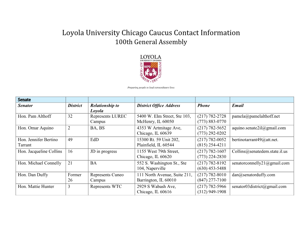 Loyola University Chicago Caucus Contact Information 100Th General Assembly