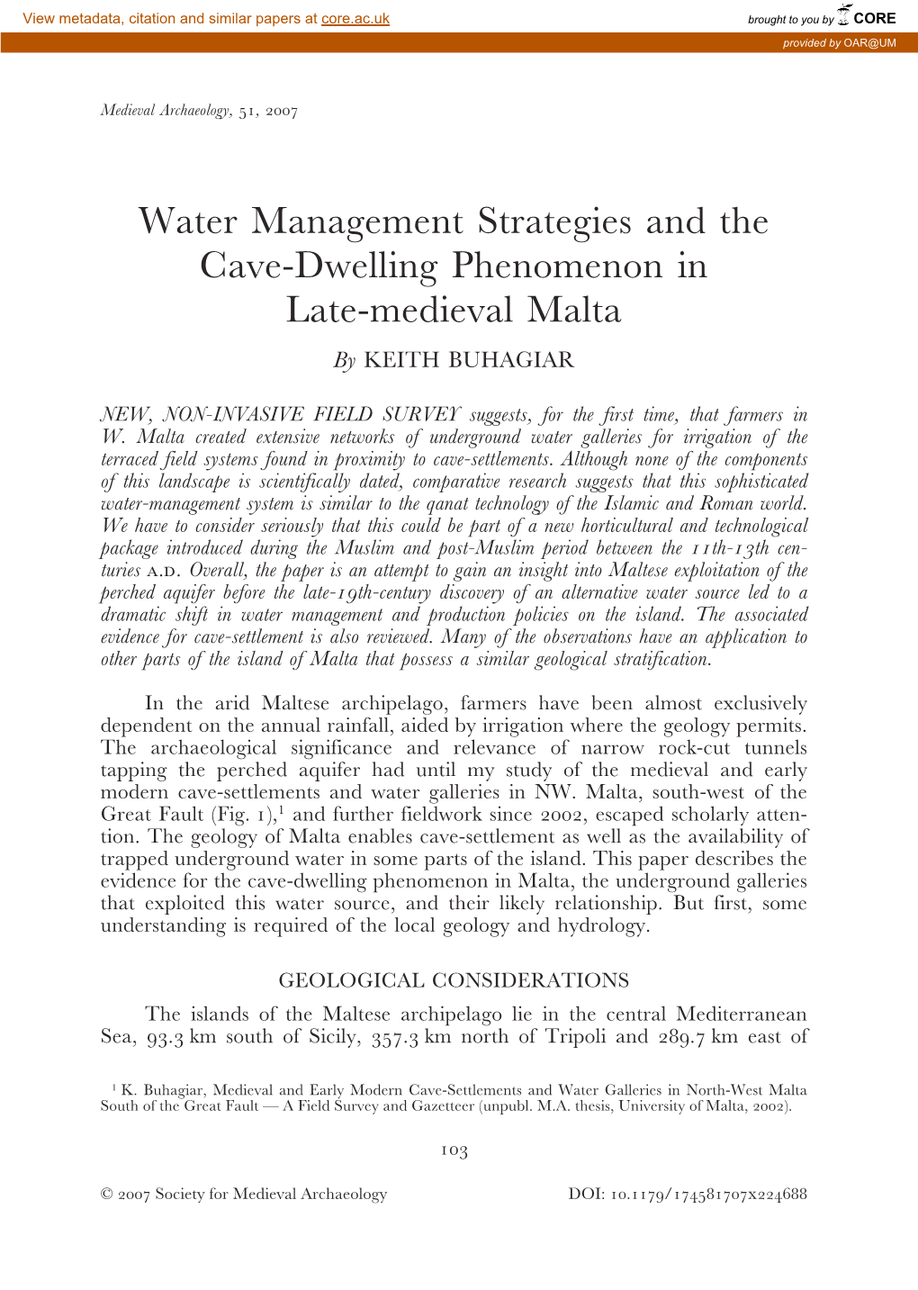 Water Management Strategies and the Cave-Dwelling Phenomenon in Late-Medieval Malta by KEITH BUHAGIAR