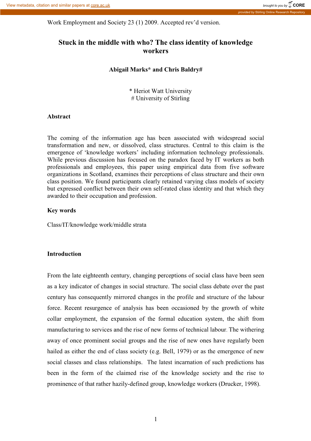 Work Employment and Society 23 (1) 2009. Accepted Rev'd Version. 1