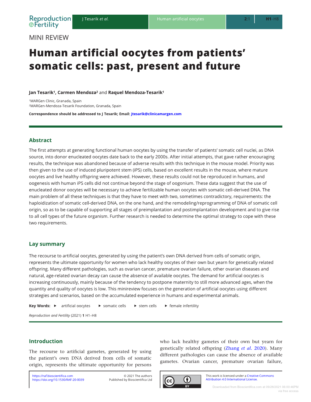 Human Artificial Oocytes from Patients' Somatic Cells