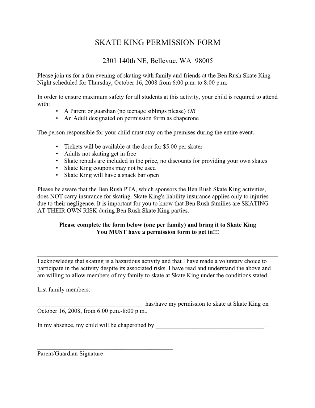 Skate King Permission Form