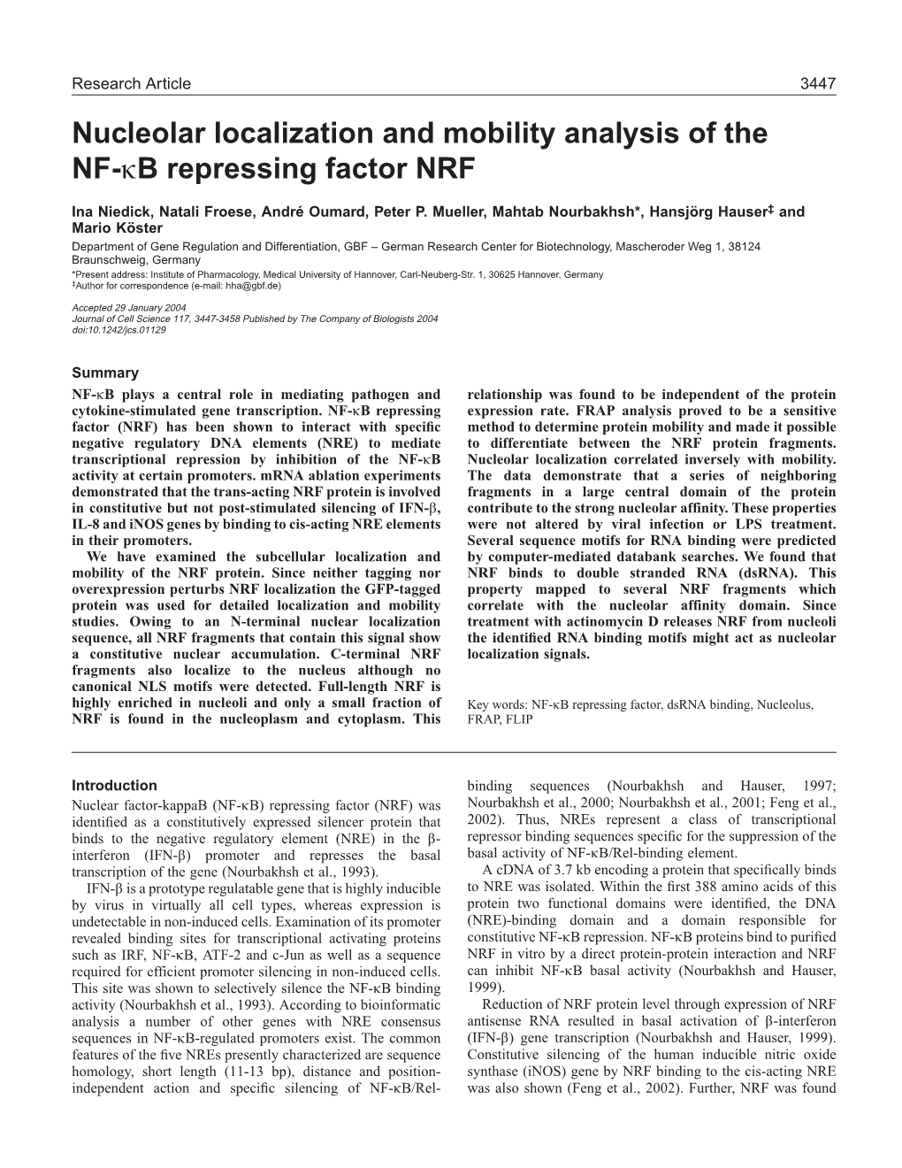 Nucleolar Localization and Mobility Analysis of the NF-Κb Repressing Factor NRF