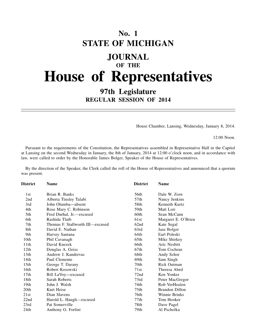 House of Representatives 97Th Legislature REGULAR SESSION of 2014