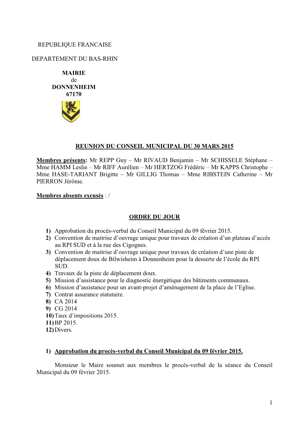 Reunion Du Conseil Municipal Du 30 Mars 2015