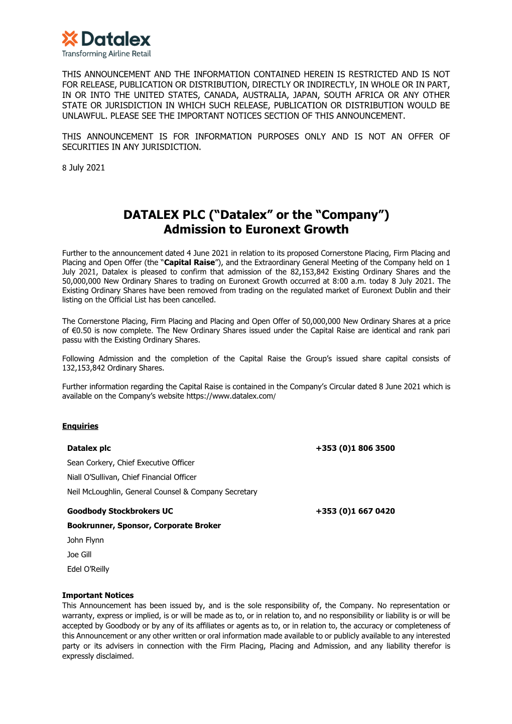 (“Datalex” Or the “Company”) Admission to Euronext Growth