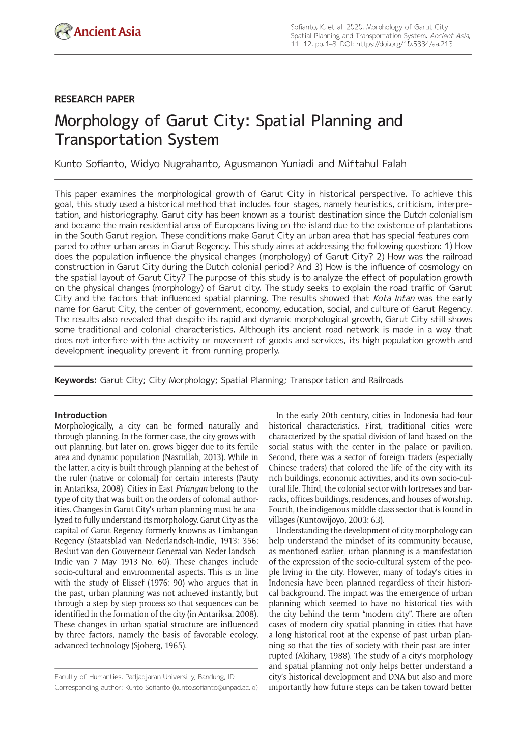 Morphology of Garut City: Ancient Asia Spatial Planning and Transportation System