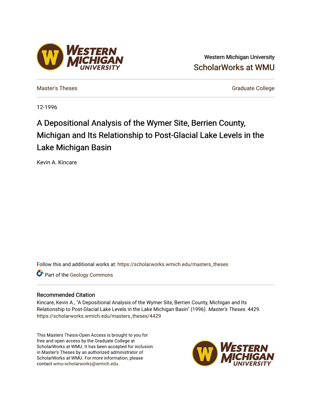 A Depositional Analysis of the Wymer Site, Berrien County, Michigan and Its Relationship to Post-Glacial Lake Levels in the Lake Michigan Basin